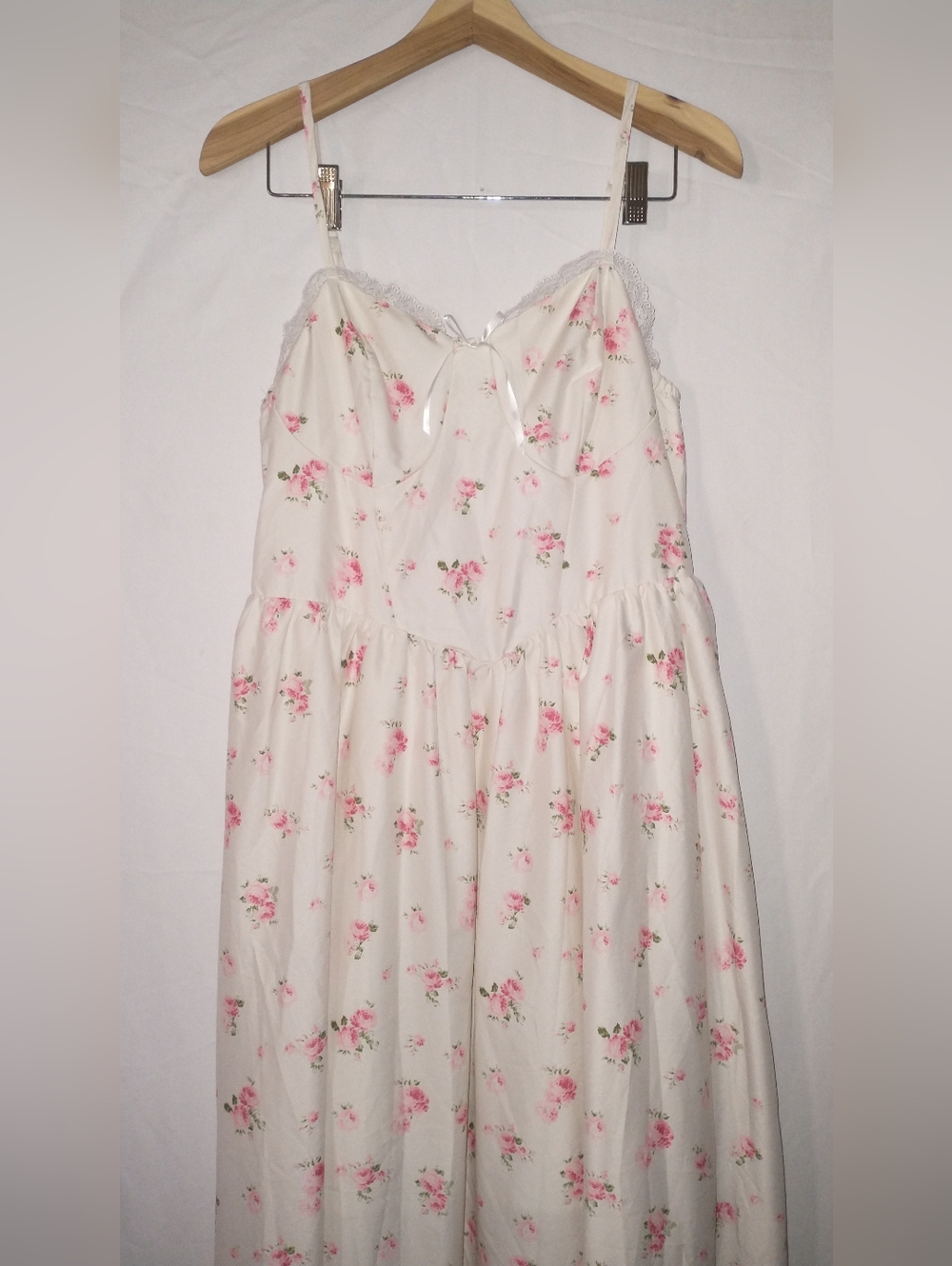 Fairycore Cottagecore Floral Cream Midi Dress with Pink Rose Print Plus Size 0XL - Picture 2 of 3